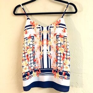 Fab’rik Tank Top Blouse XS Blue White Stripe Floral Nautical Vacation Spring